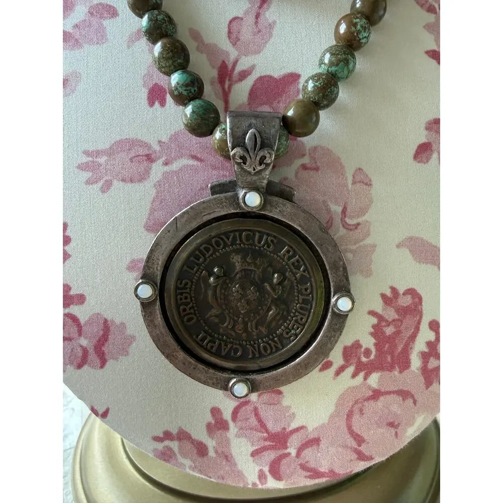 French Kande Long Stone Medallion Necklace with Opalite Style Stone Accents